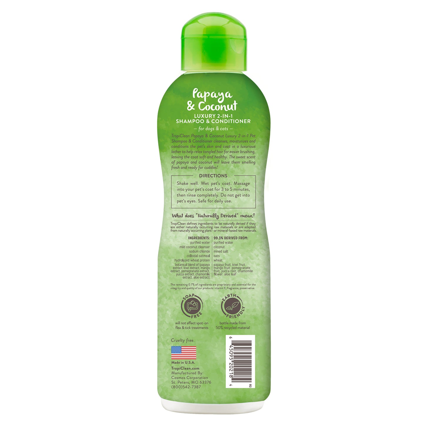 Tropiclean® Shampoo y Acondicionador 2 en 1 de papaya y coco para Perros y Gatos.