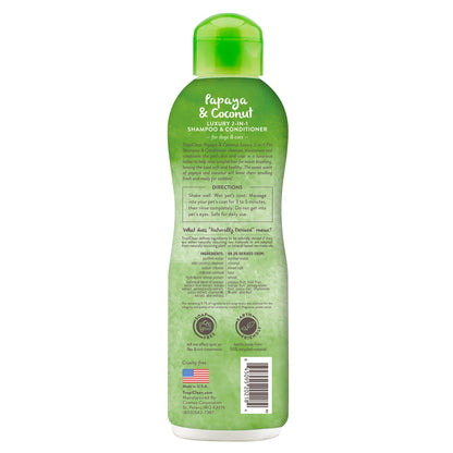 Tropiclean® Shampoo y Acondicionador 2 en 1 de papaya y coco para Perros y Gatos.