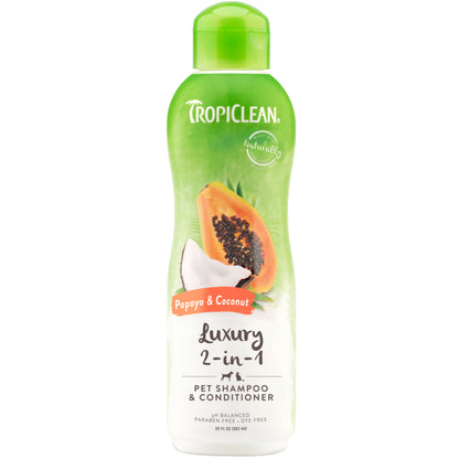 Tropiclean® Shampoo y Acondicionador 2 en 1 de papaya y coco para Perros y Gatos.